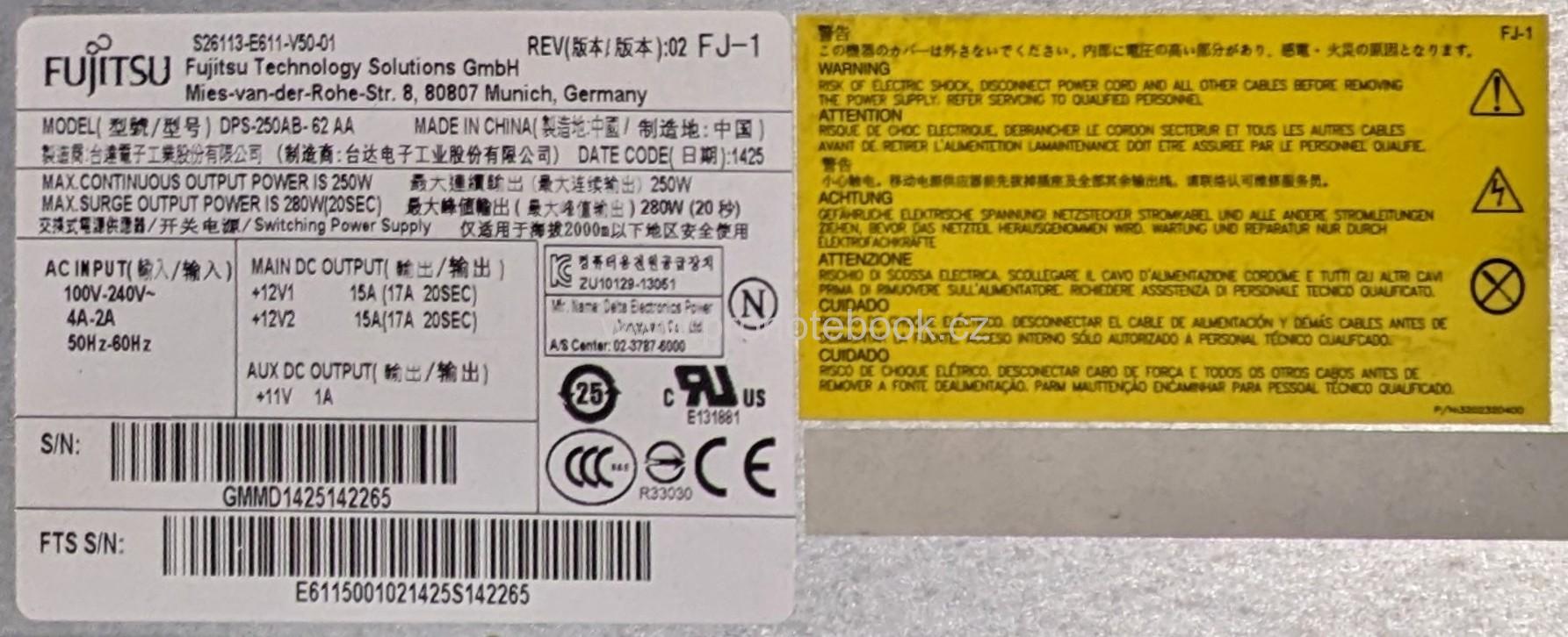 Originál OEM Fujitsu DPS-250AB-62 AA 250W napájecí zdroj ESPRIMO E710, E720 E85+ SKLADEM