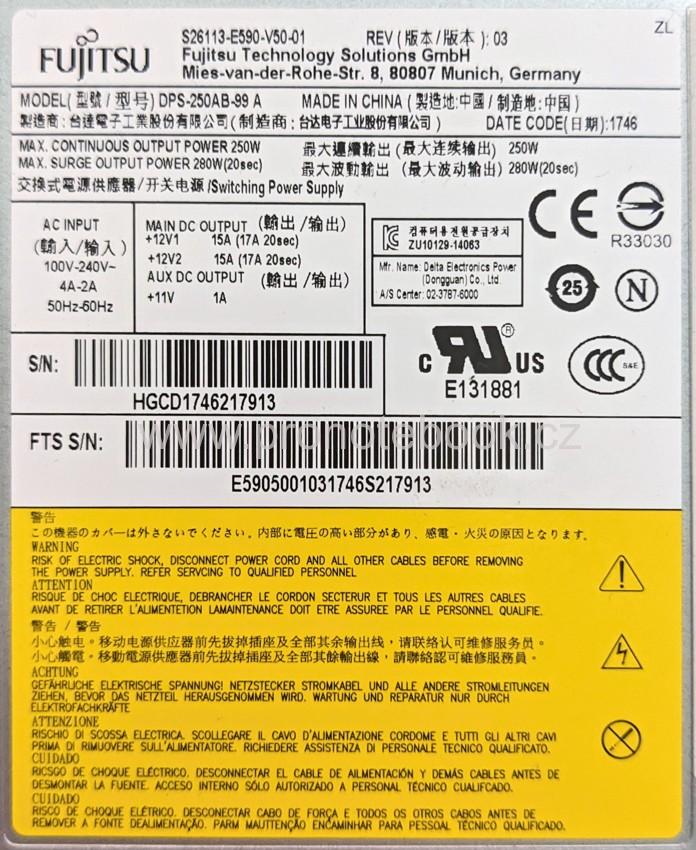 Fujitsu DPS-250AB-99 A 250W napájecí zdroj S26113-E590-V50-01, E98797-003 ESPRIMO D556 E85+ SKLADEM