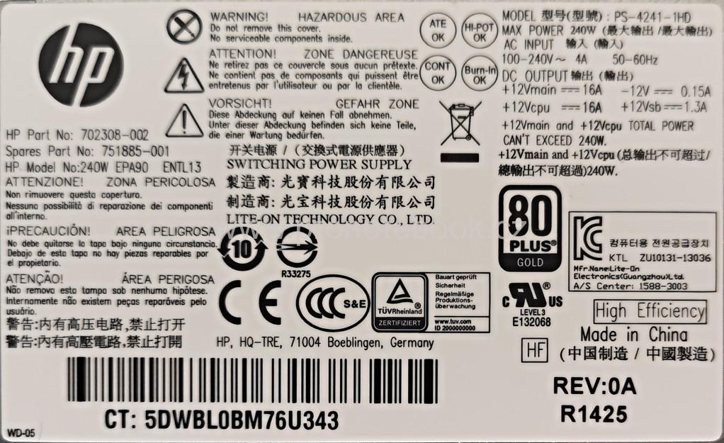 Originální OEM HP PSU 240W SFF DPS-240AB-4B 702308-002 751885-001 1588-3003, PS-4241-1HD SKLADEM