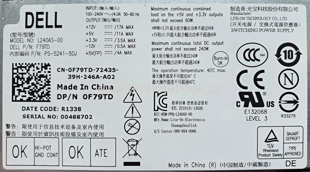 Originální OEM Dell Optiplex 3010 SFF 240W PSU 0F79TD L240AS-00 PS-5241-5DJ SKLADEM