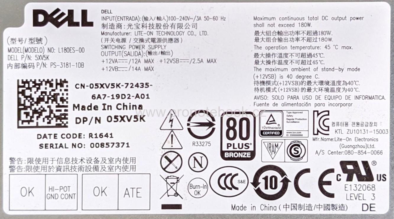 Originální OEM Dell Optiplex 3040, 5040, 7040 SFF Power Supply 180W L180ES-00 5XV5K SKLADEM