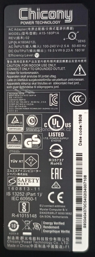 MSI Chicony A15-180P1A REV:02, A180A012L, 19.5V, 9.23A, 180W, 7.4 mm x 5.0 mm SKLADEM